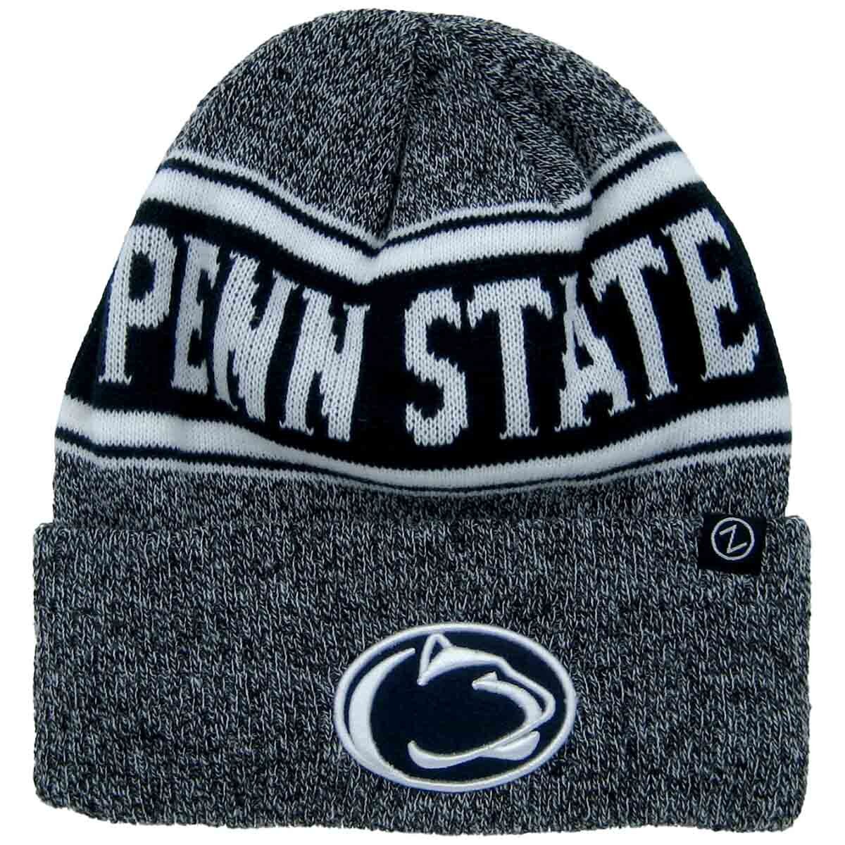 navy heather knit hat with stitched Penn State and embroidered Athletic Logo